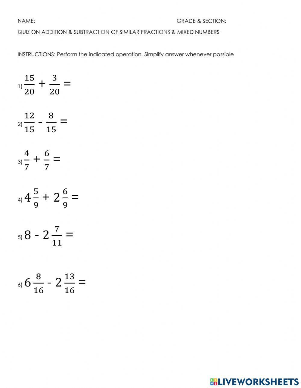 Addition & subtraction of similar fractions & mixed numbers