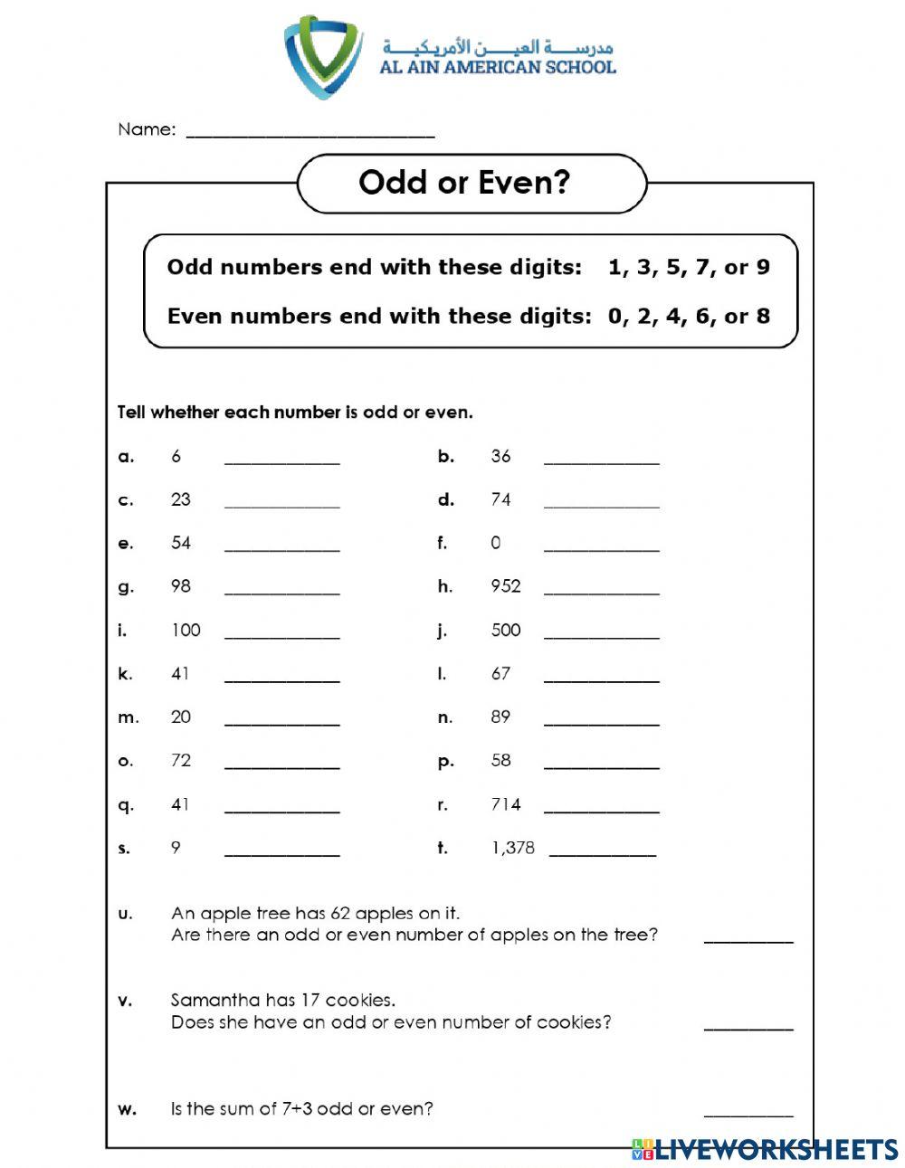 Odd or Even AAAS Gr 3 worksheet | Live Worksheets
