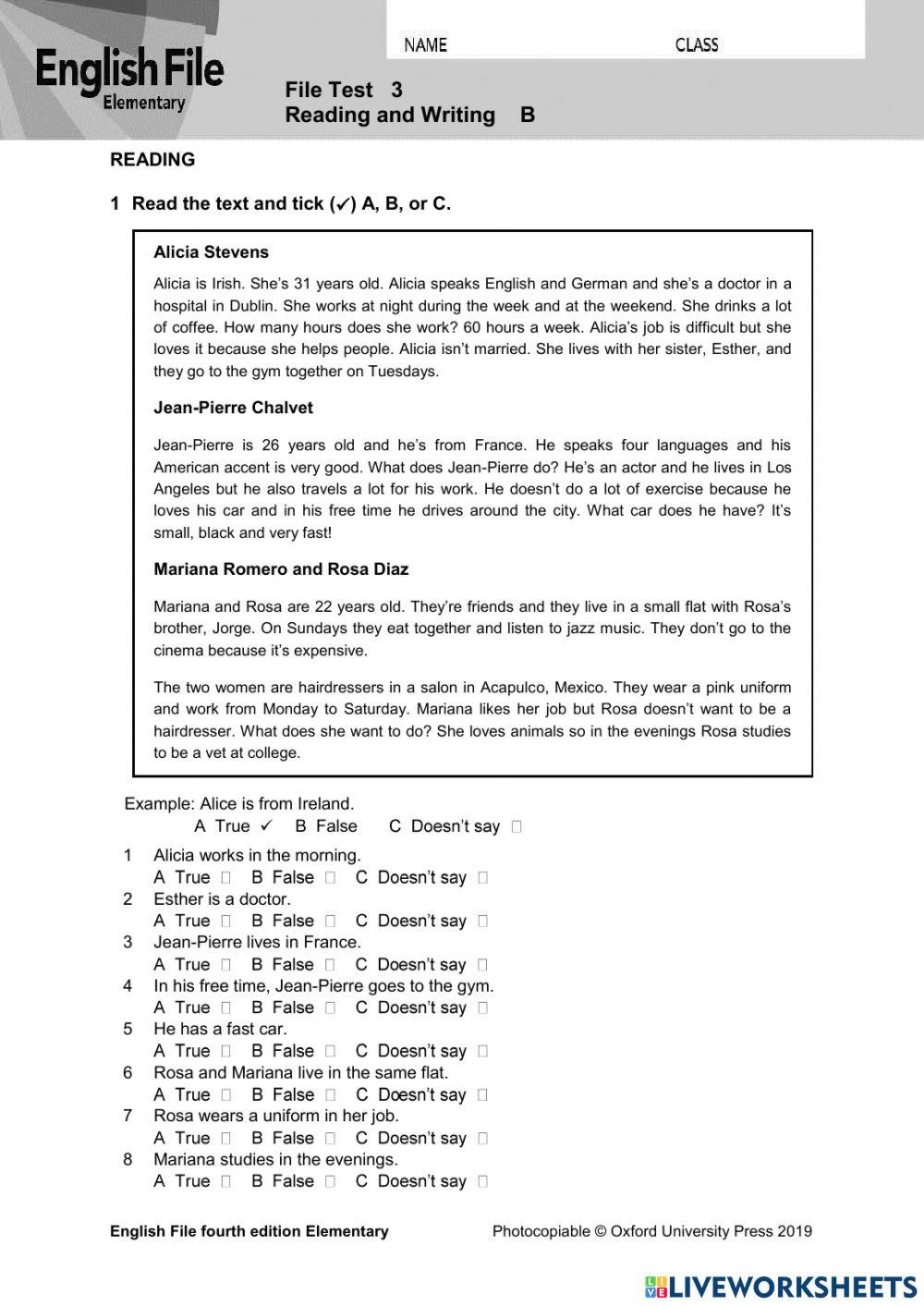 English file elementary unit 3 online exercise for live worksheets