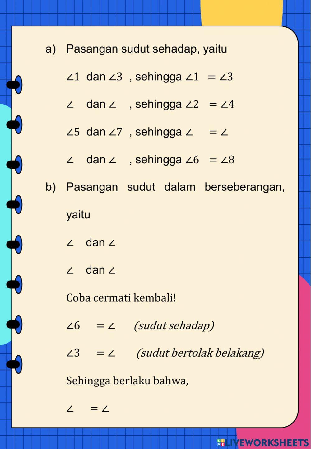 Hubungan antar Sudut dan Hubungan Sudut-sudut pada Dua Garis Sejajar