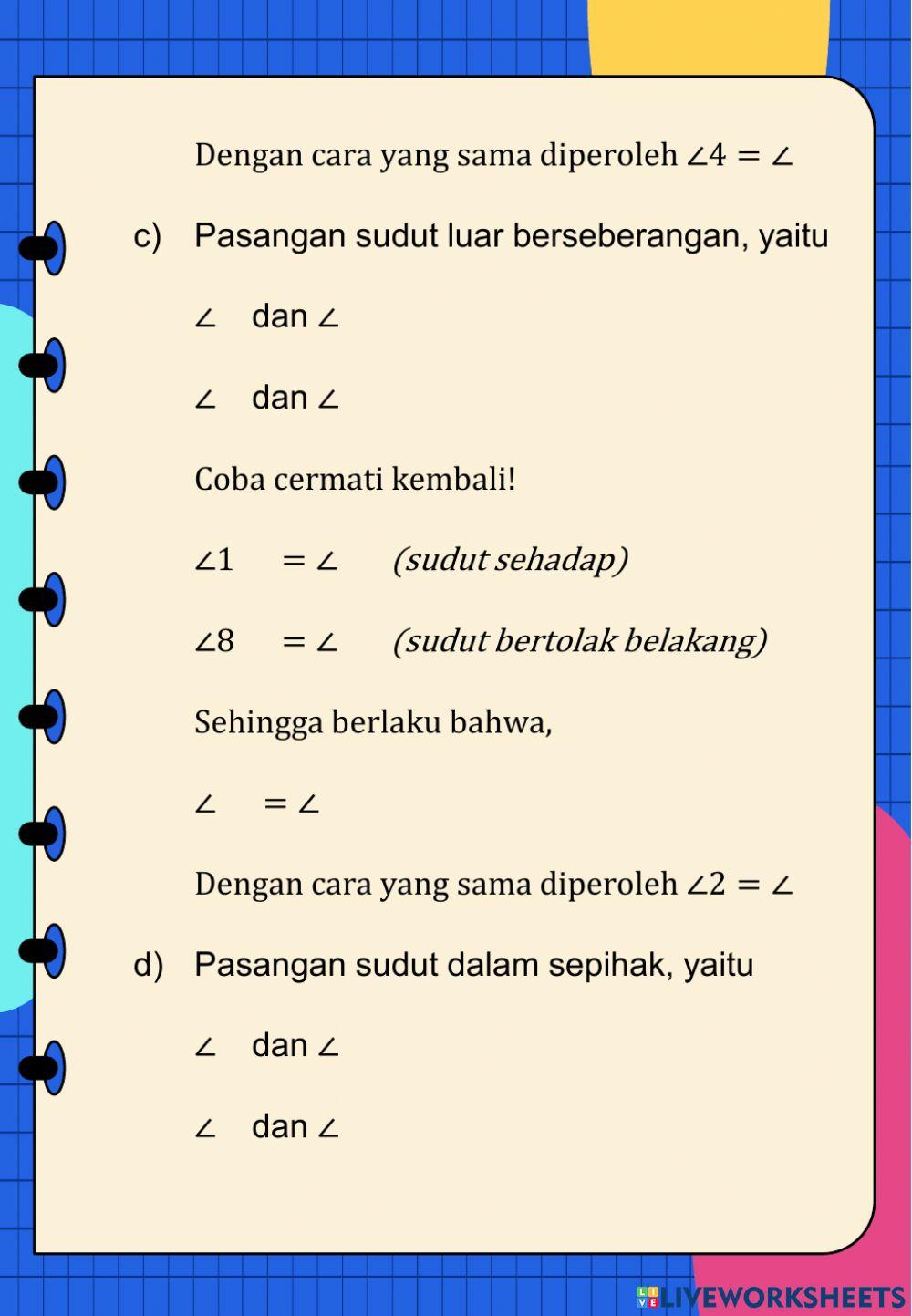 Hubungan antar Sudut dan Hubungan Sudut-sudut pada Dua Garis Sejajar