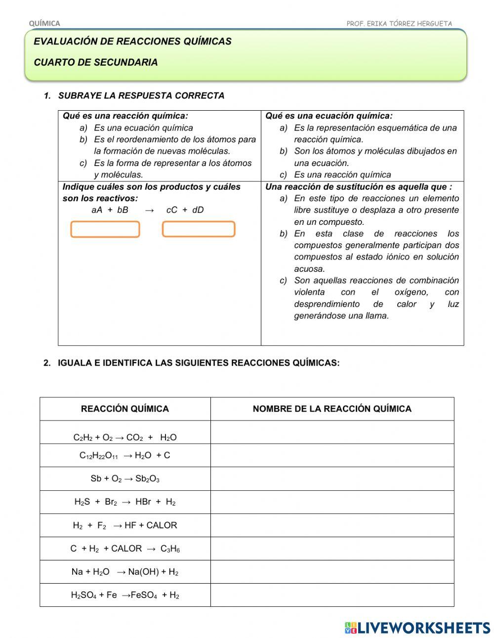 Evaluacion de reacciones químicas