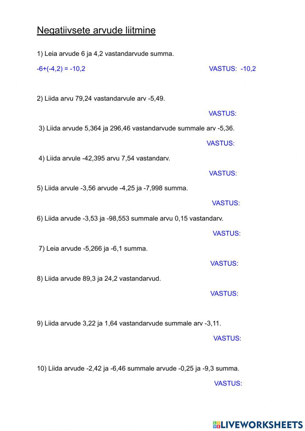 Tööleht negatiivsete arvude liitmine