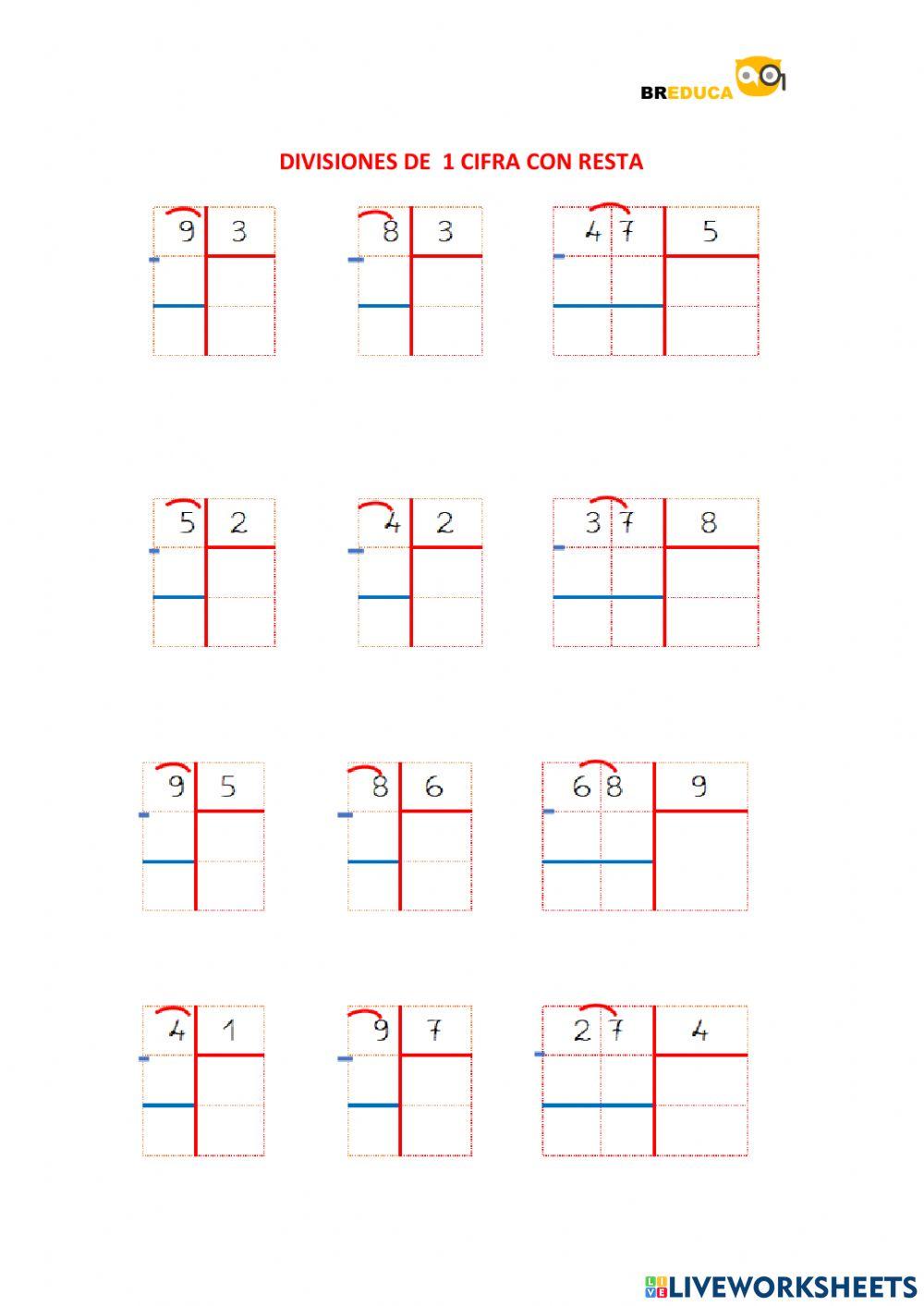 Divisiones de 1 cifra con resta