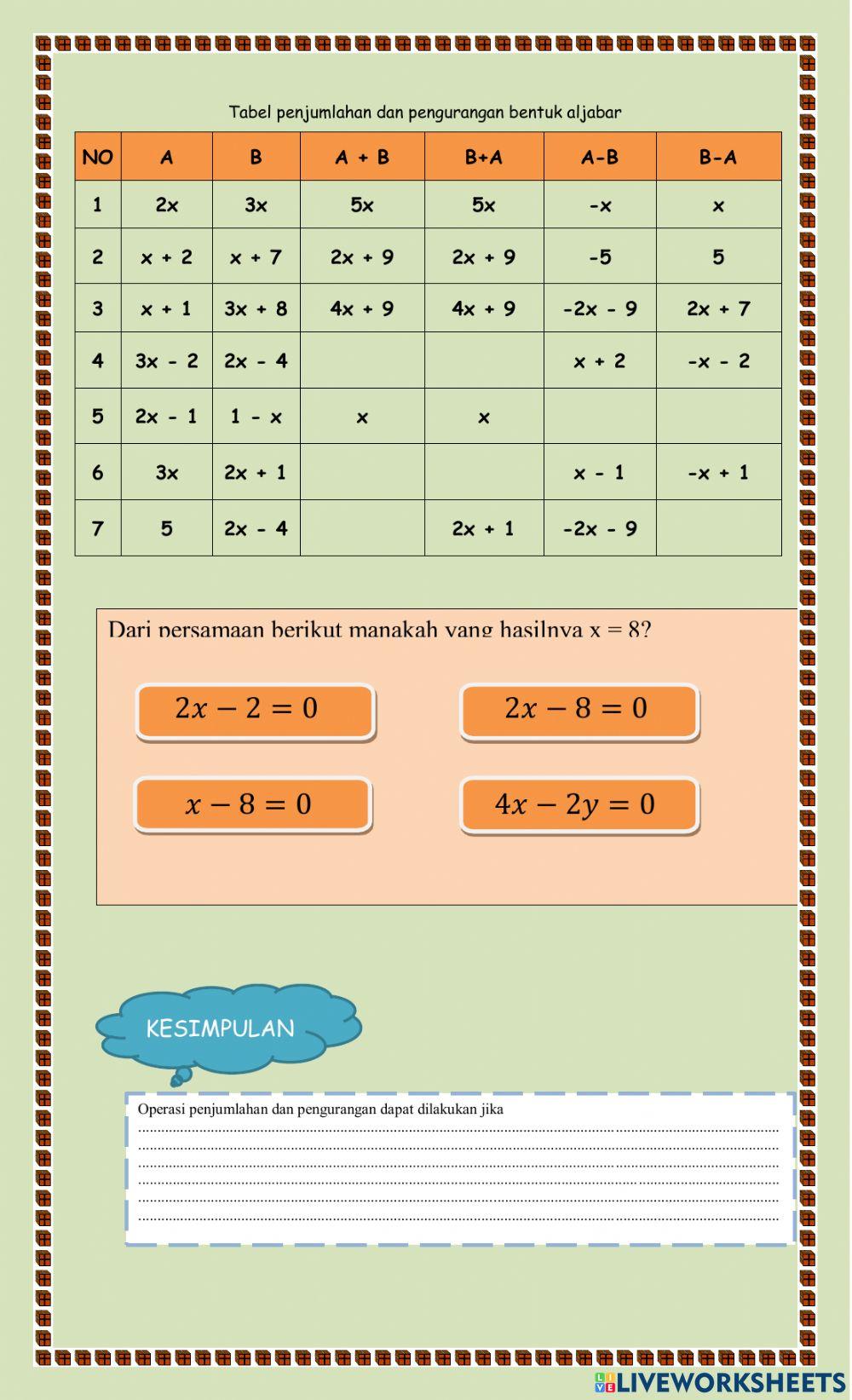 Operasi penjumlahan dan pengurangan bentuk aljabar