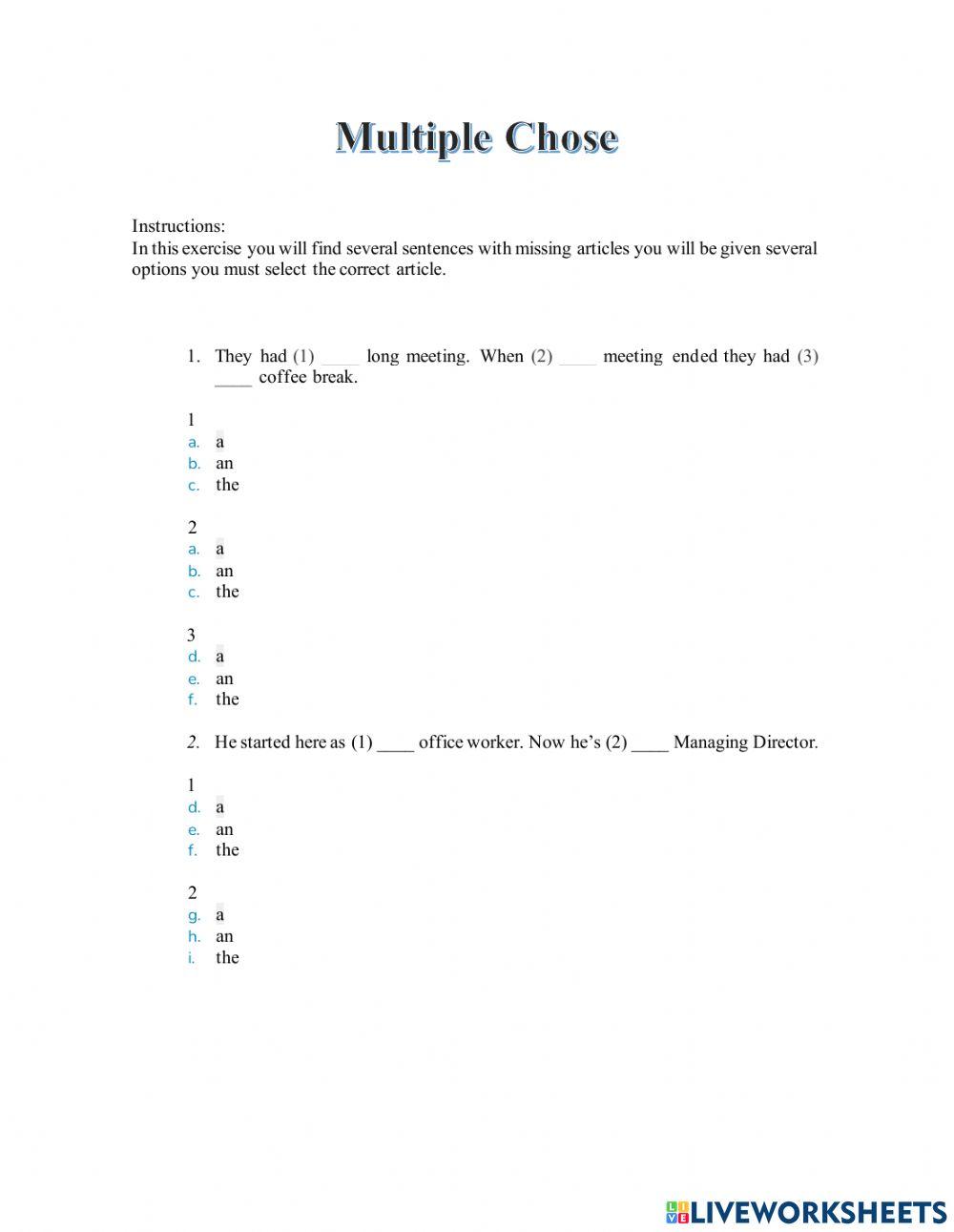 Definite and Indefinite Articles  (a, an, the)