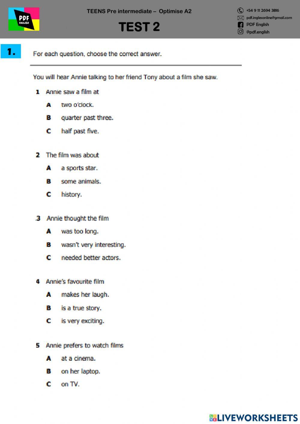 TEST 2 - Teens Pre Intermediate Optimise A2