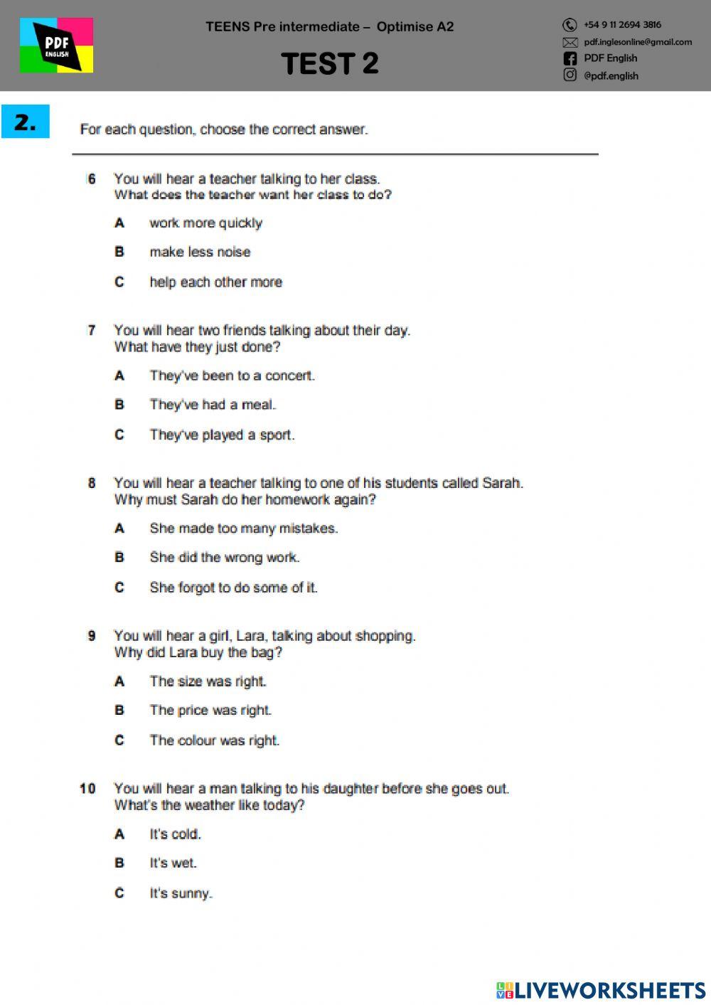 TEST 2 - Teens Pre Intermediate Optimise A2