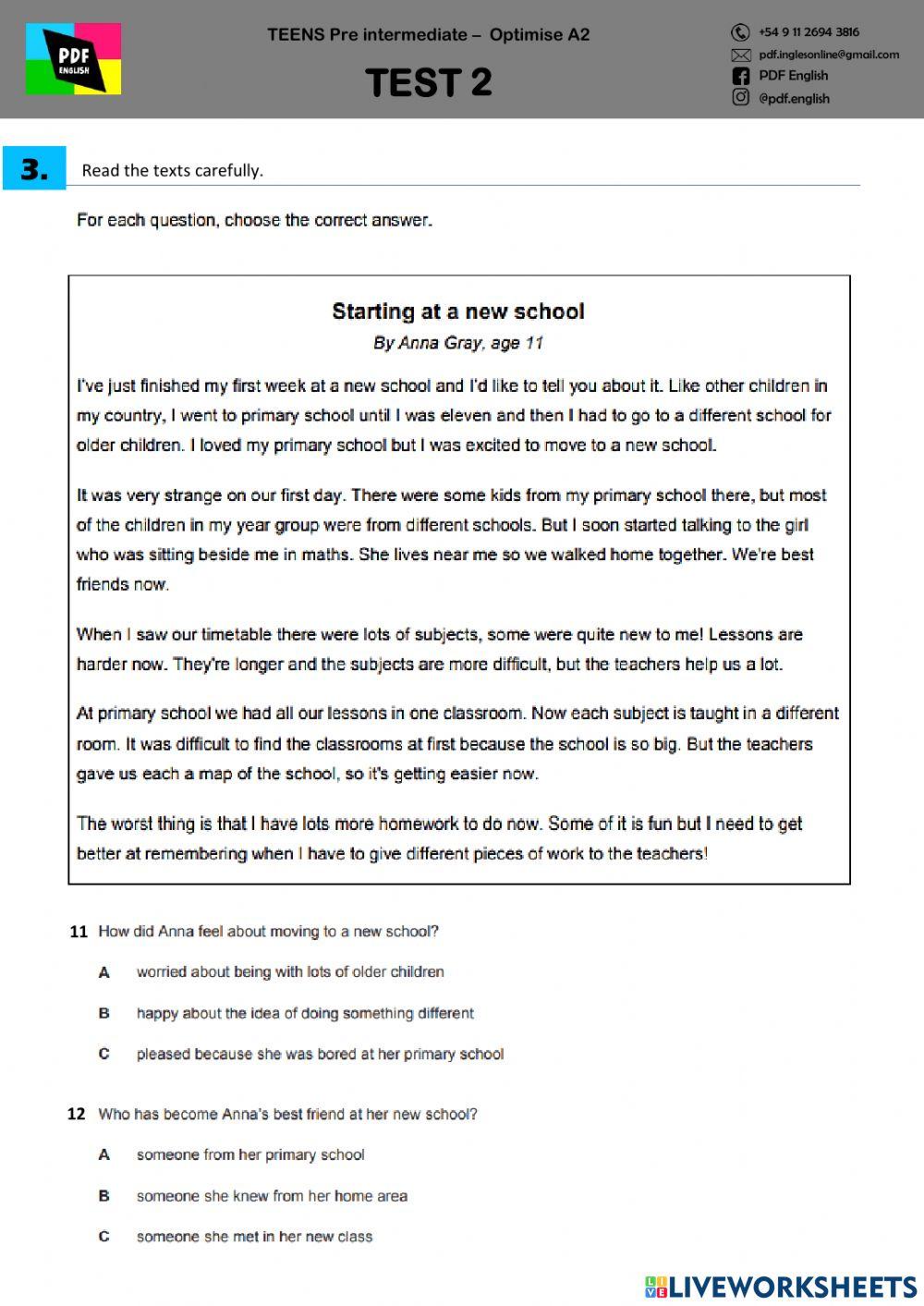 TEST 2 - Teens Pre Intermediate Optimise A2