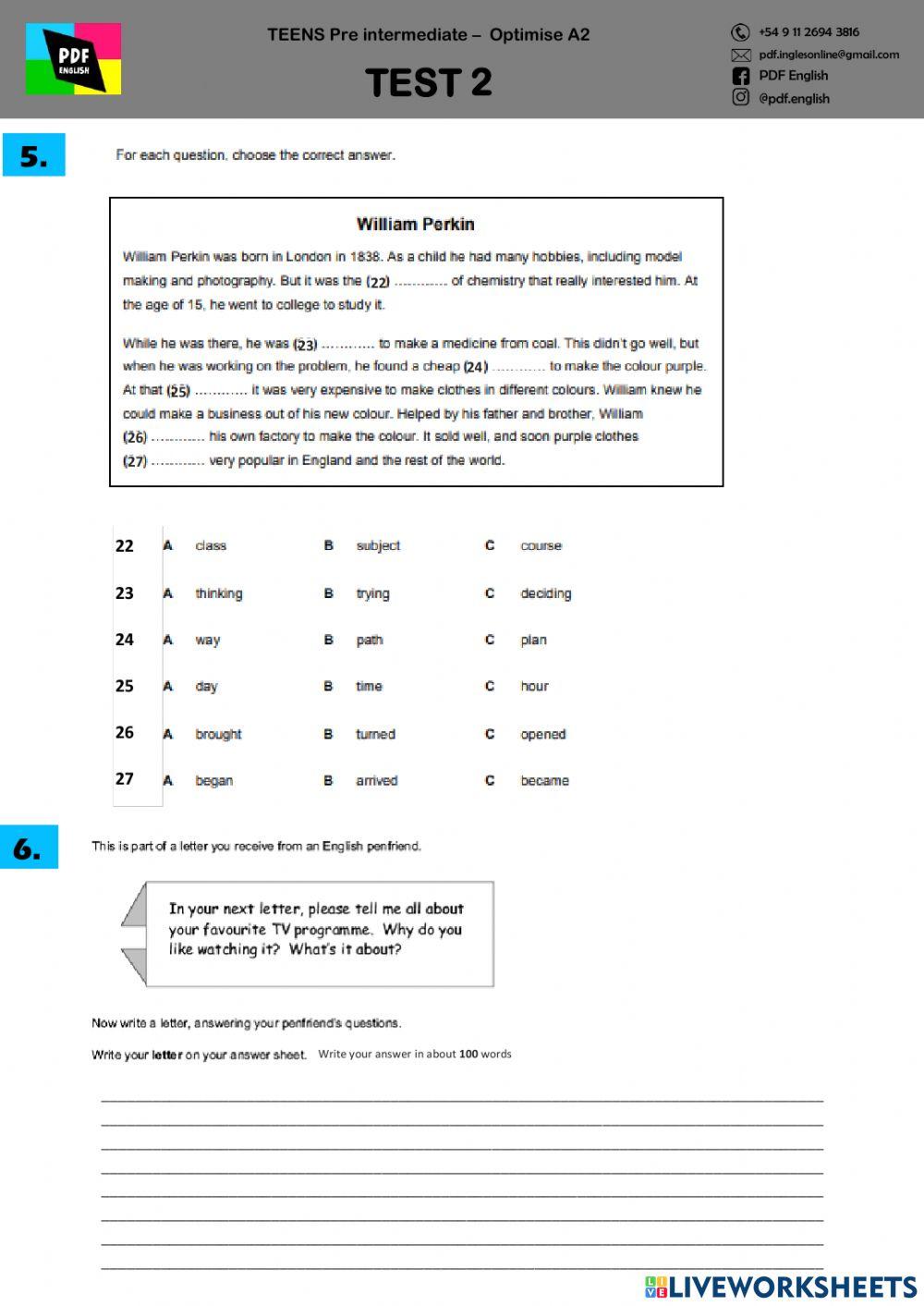 TEST 2 - Teens Pre Intermediate Optimise A2