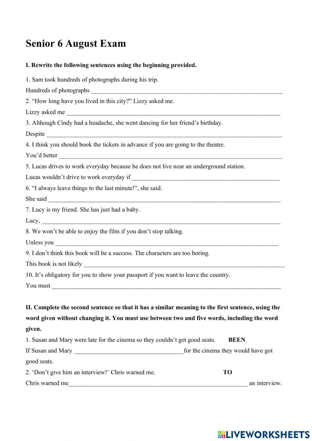 Senior 6 Ausgust Exam