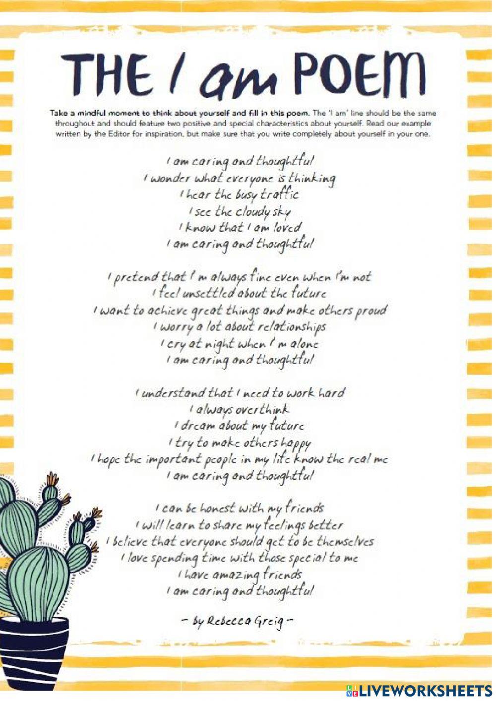 Who am I and I am poem worksheet Live Worksheets