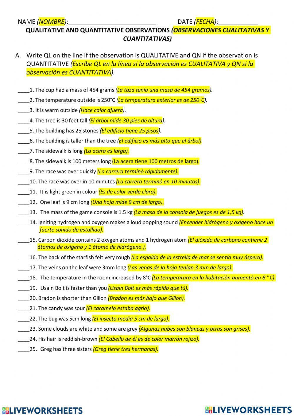 QUALITATIVE AND QUANTITATIVE OBSERVATIONS - English and Spanish