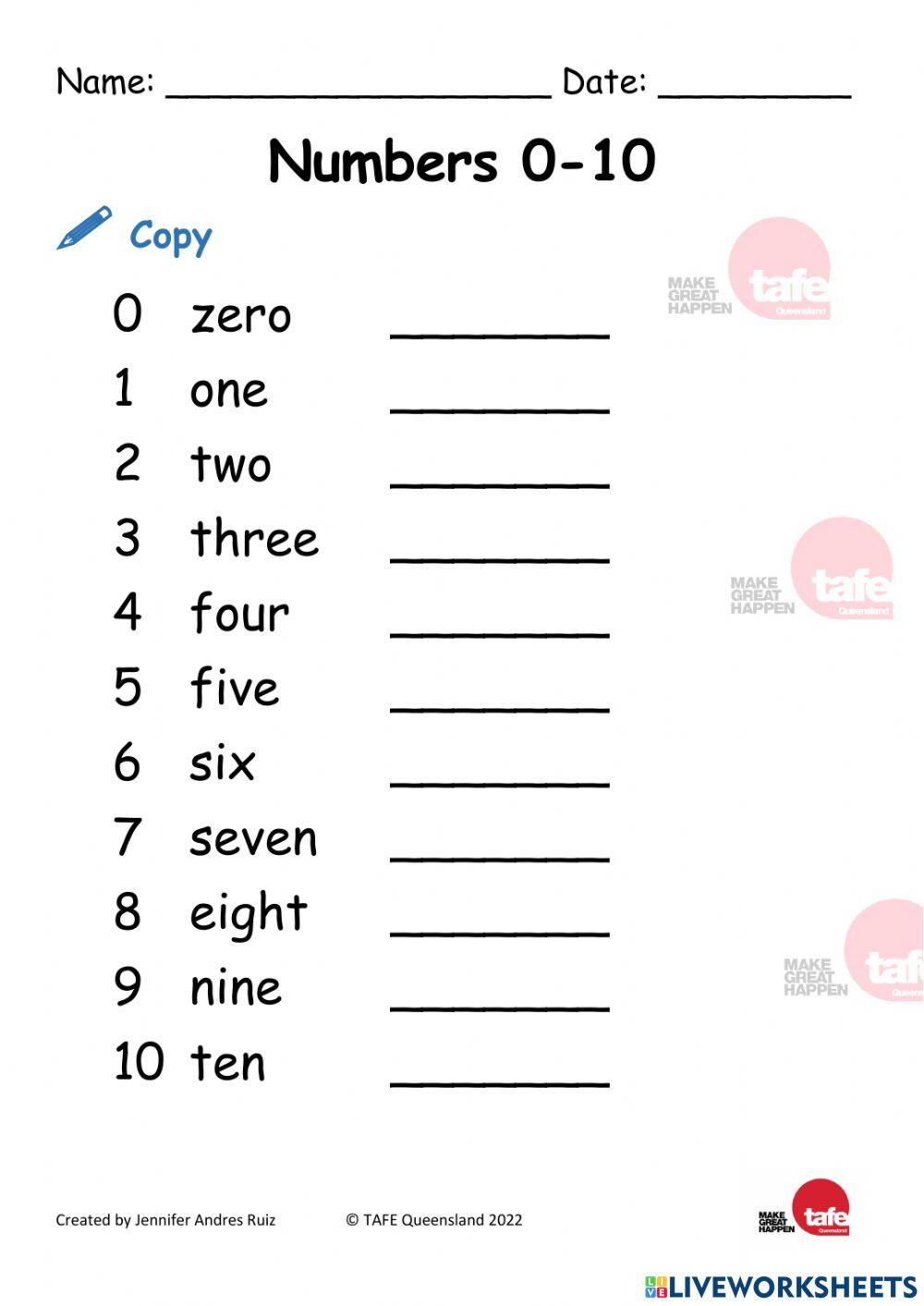 Numbers 0-10- copy worksheet | Live Worksheets