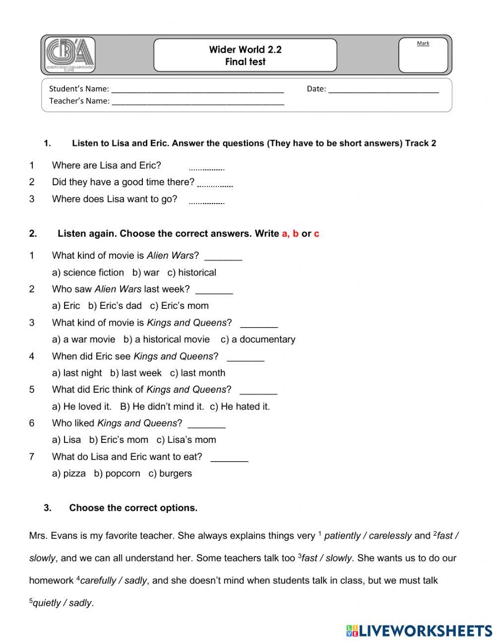 Wider world 2 3 final test online exercise for live worksheets