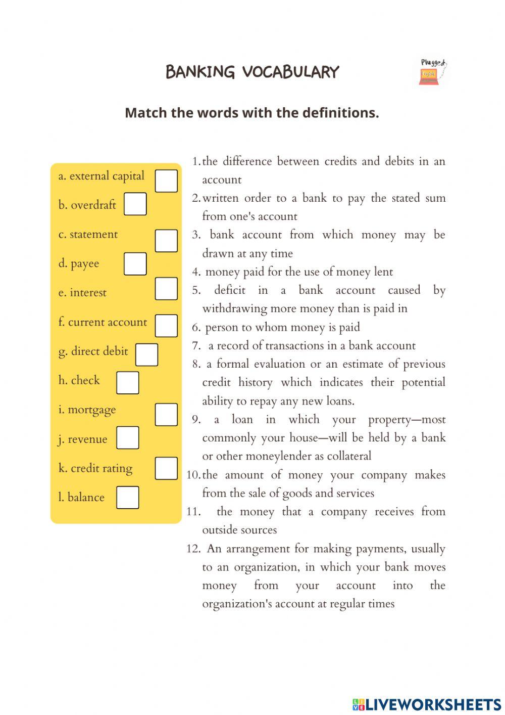 Banking Vocabulary interactive worksheet | Live Worksheets