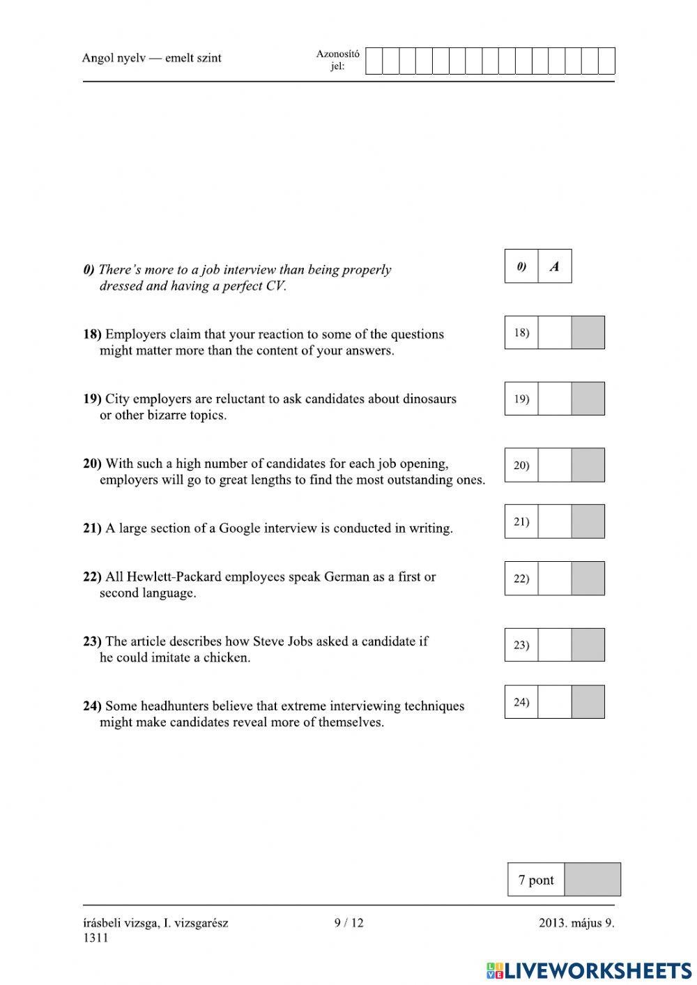 Érettségi 2013 május Olvasásértés