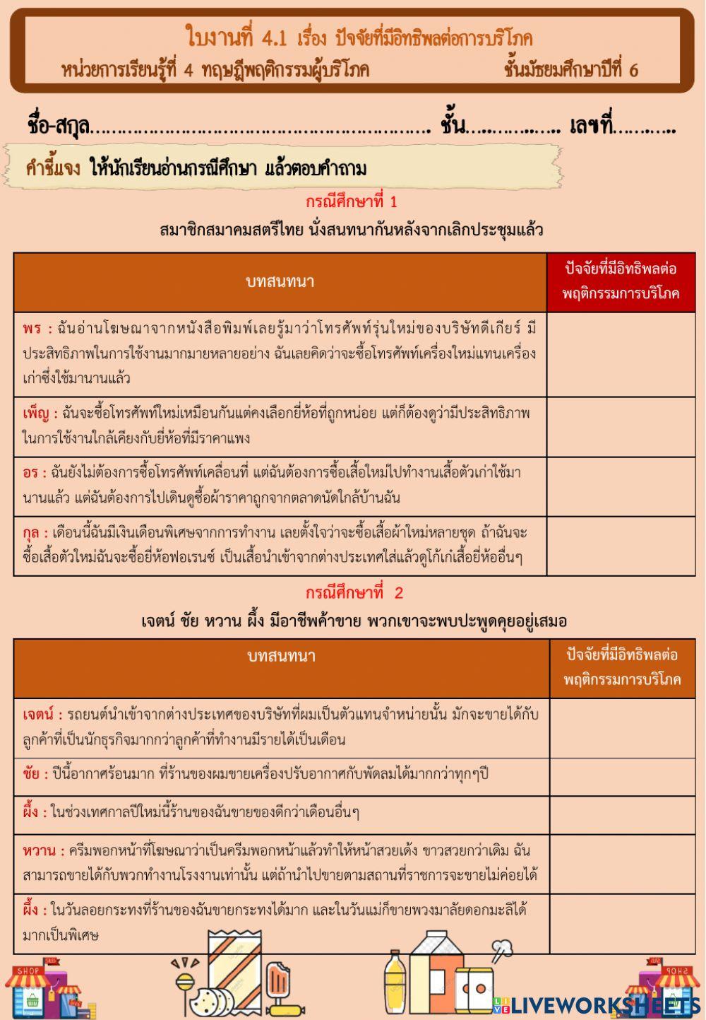 ใบงานที่ 4.1 เรื่อง ปัจจัยที่มีอิทธิพลต่อการบริโภค