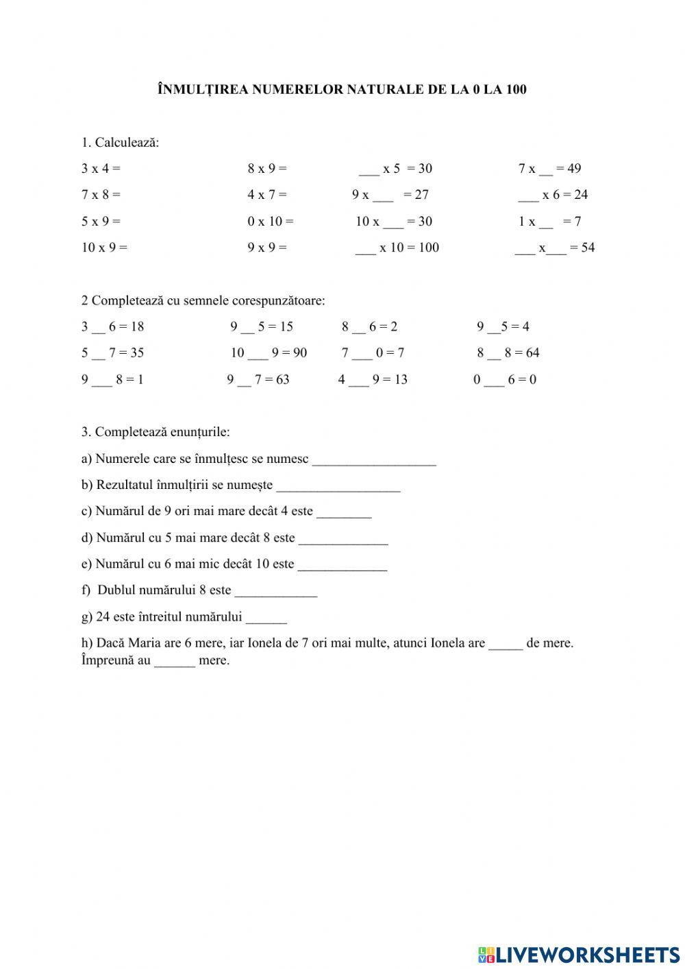 Înmulțirea numerelor naturale în concentrul 0-100