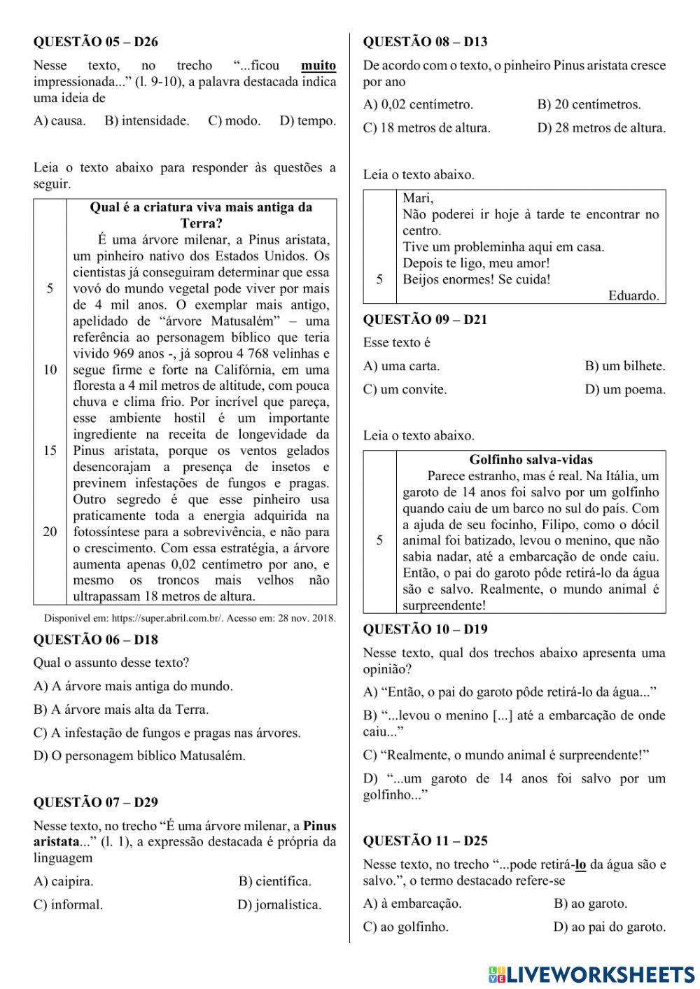 Simulado 4 de Preparação Para o SPAECE - 5° Ano C