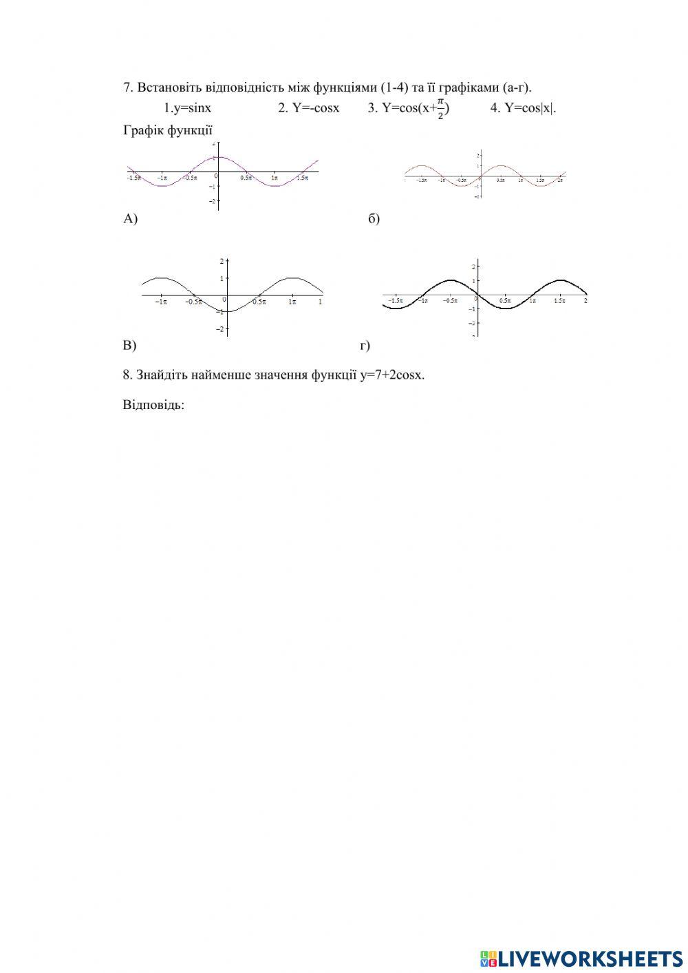 Контрольна робота. Тригонометричні функції. Варіант 1.