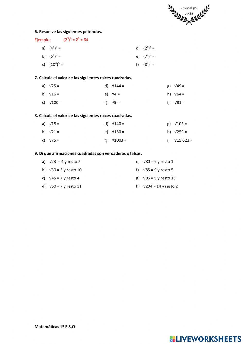 Potencias y raíces cuadradas