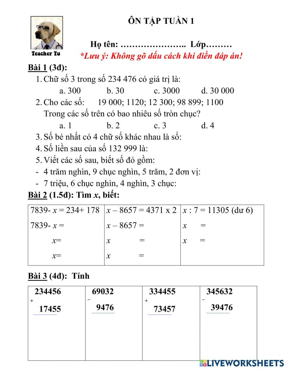 Ôn hè tuần 1 - 5A