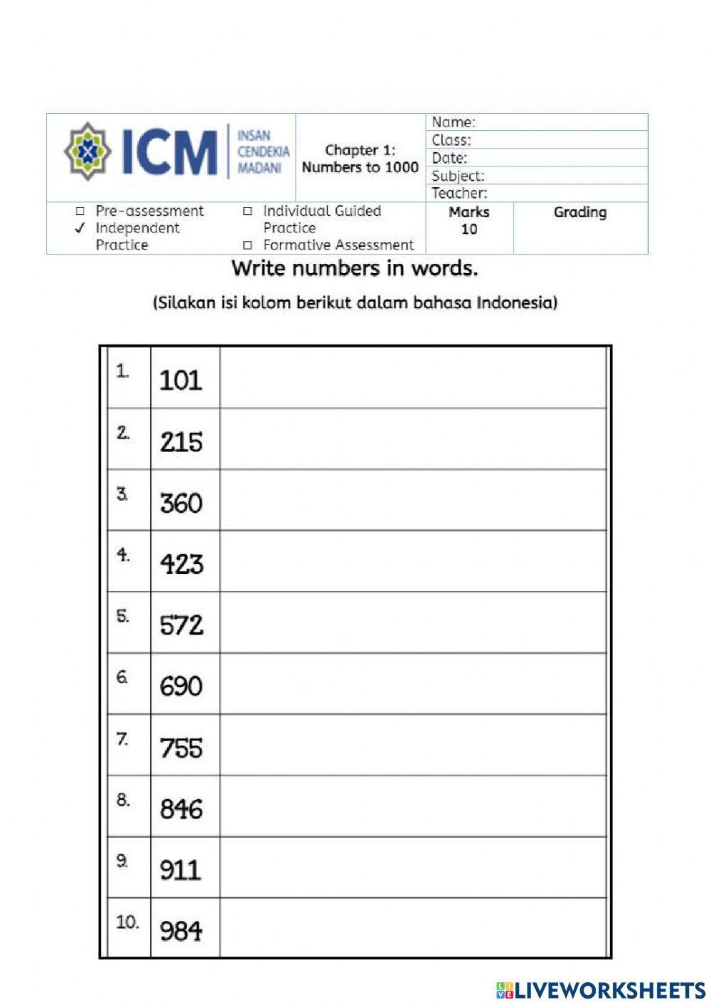 Numbers to 1000 online pdf worksheet | Live Worksheets Numbers to 1000 online pdf worksheet | Live Worksheets