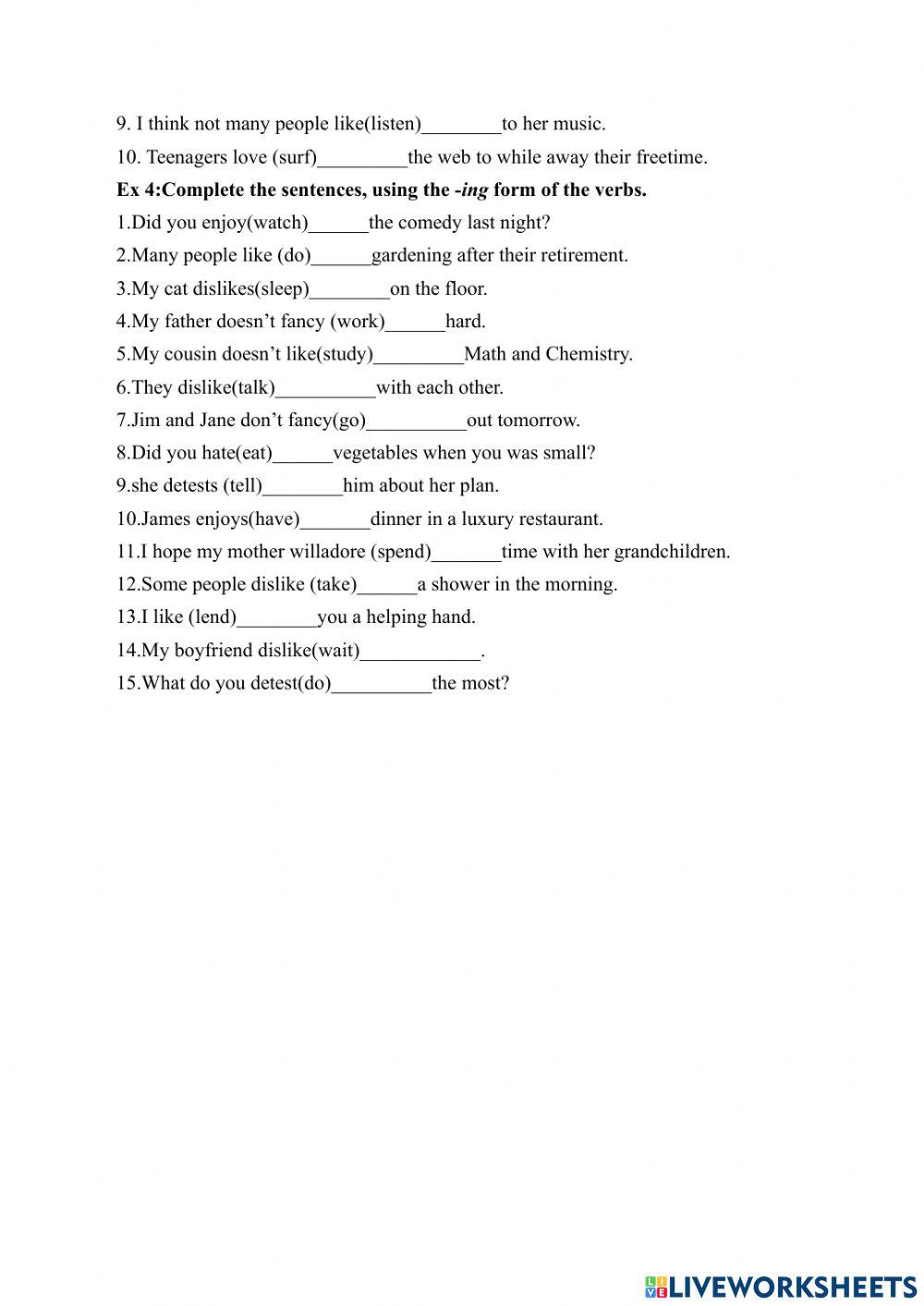 Hw unit 1: động từ chỉ sự thích