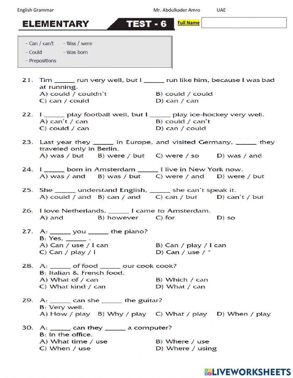 Elementary Test 6 Part 2 Grammar