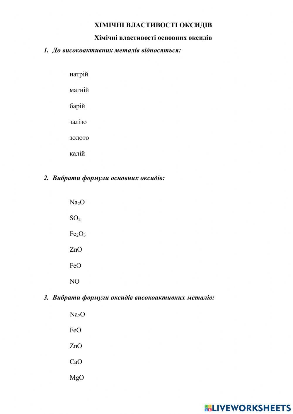 Хімічні властивості основних оксидів