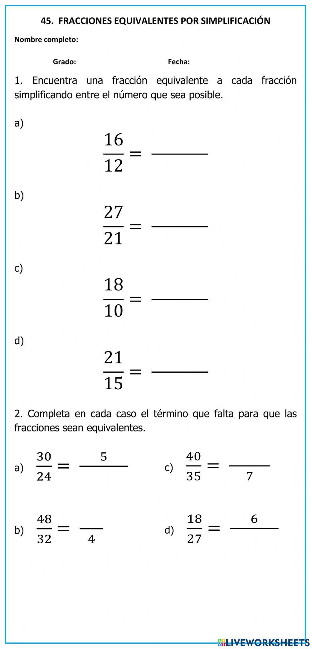 45. fracciones equivalentes por simplificación