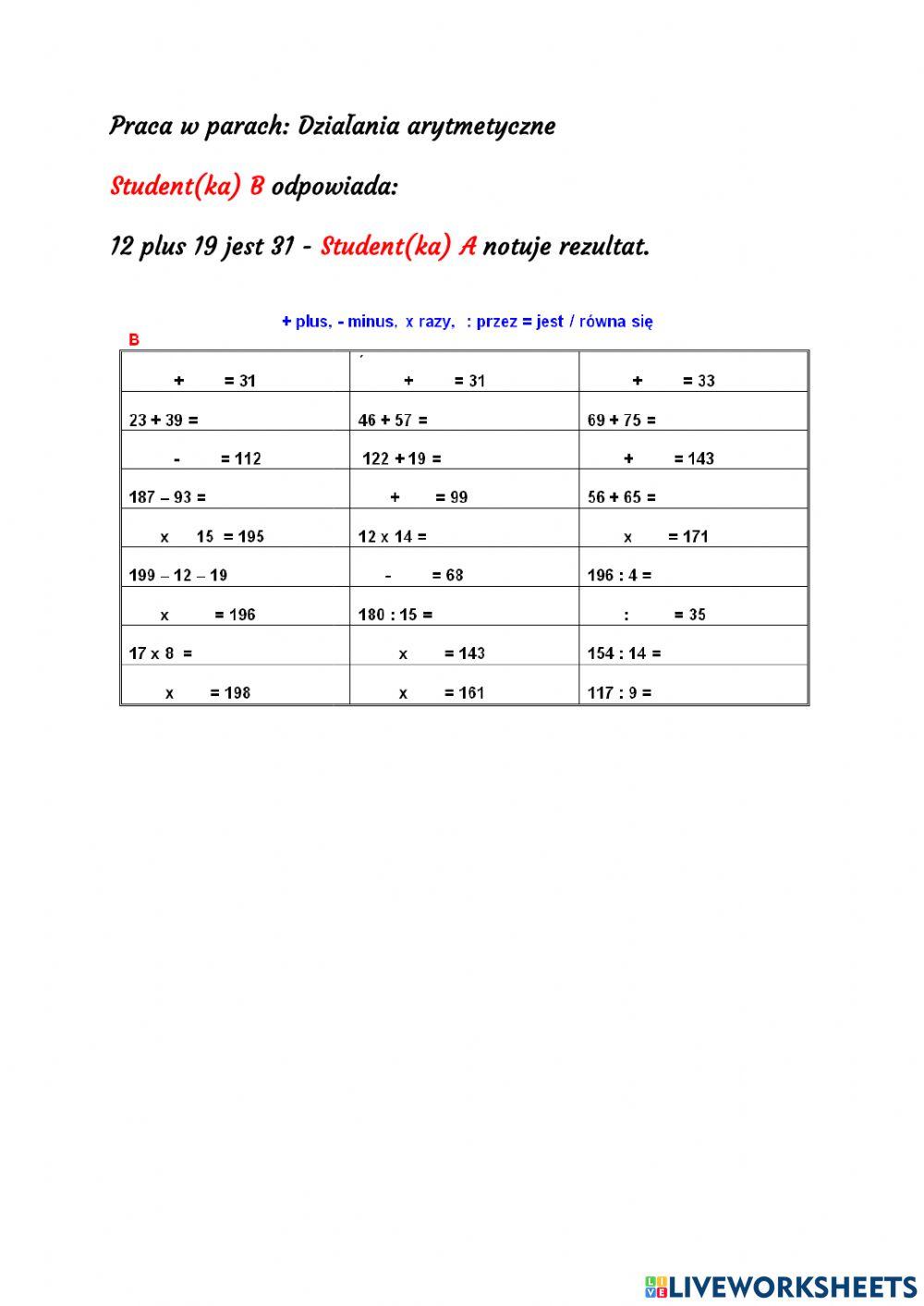 Działania arytmetyczne: Praca w parach