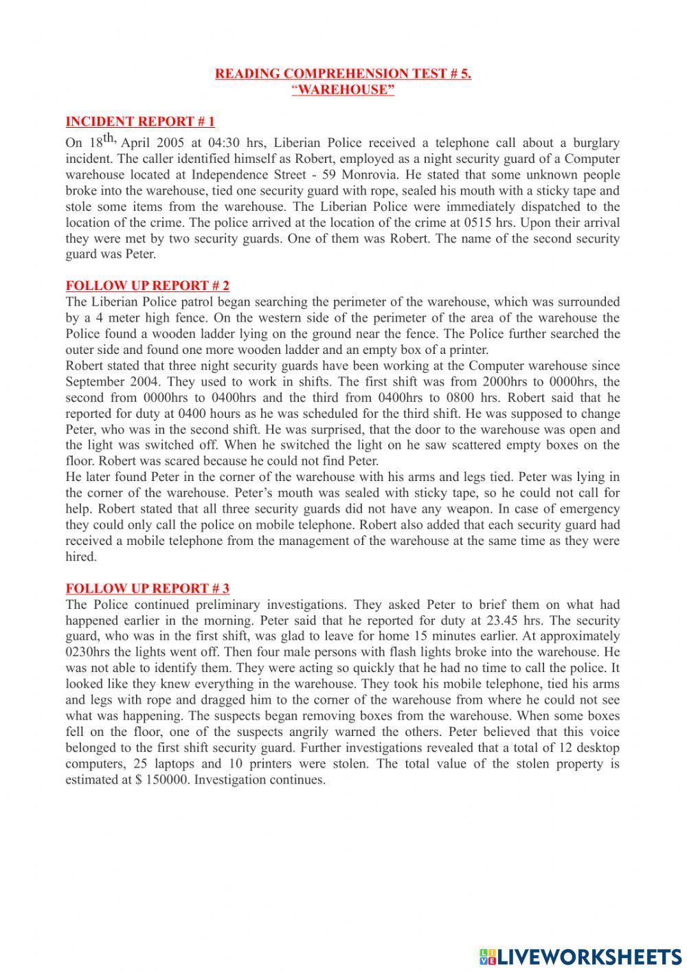 Reading comprehension test - 5. “warehouse”