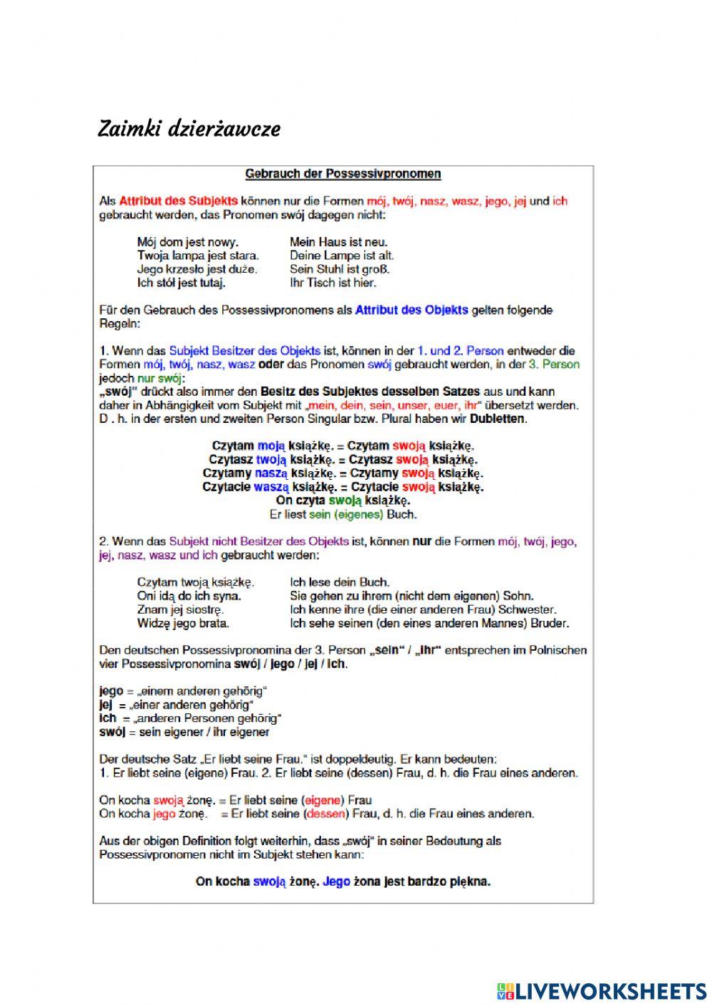 Zaimki dzierżawcze - używanie