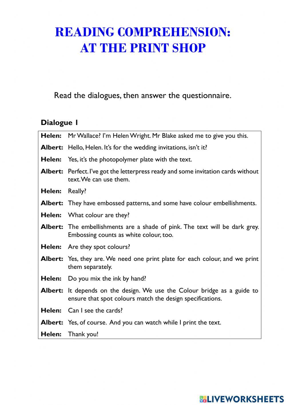 Reading Comprehension: At the Print Shop