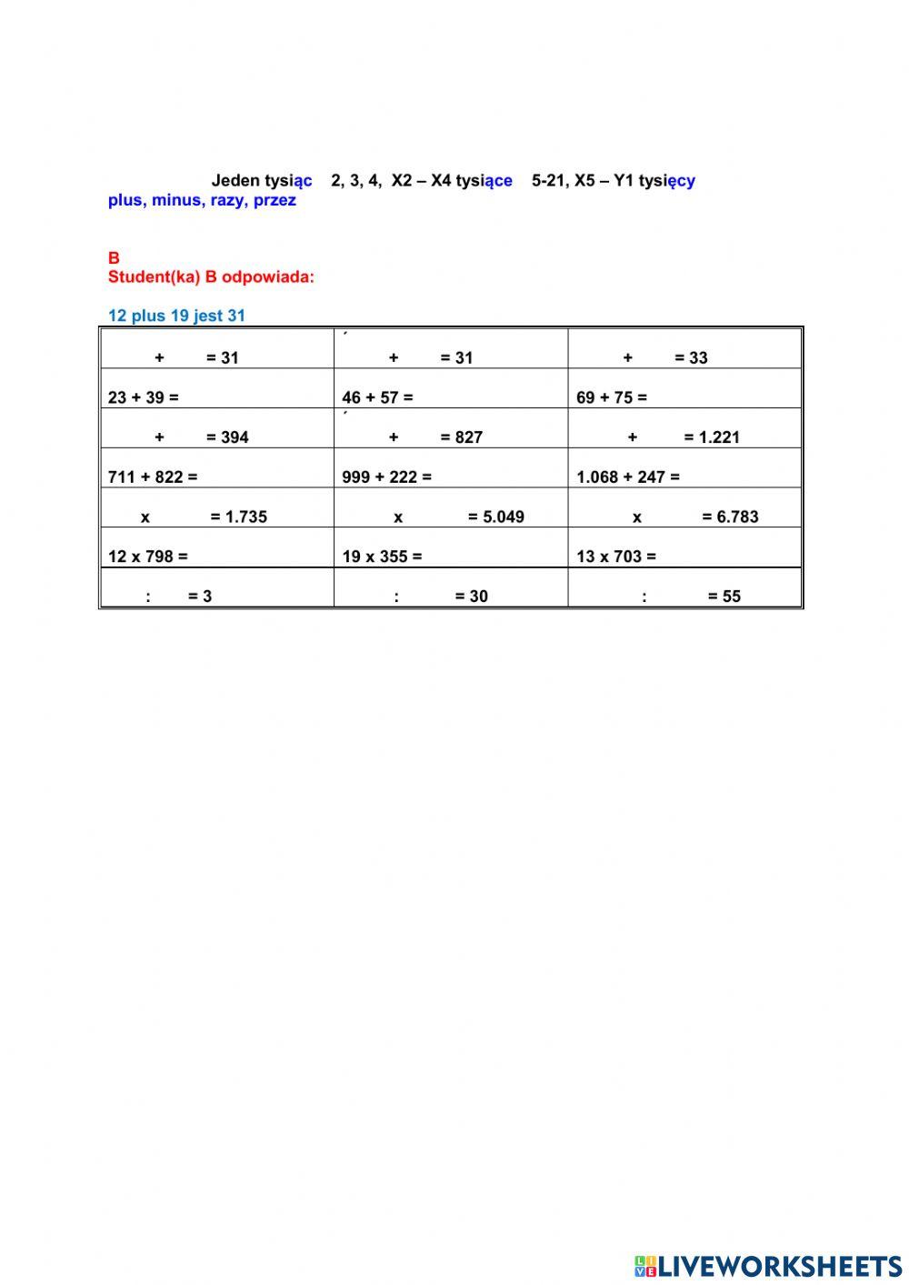 Działania arytmetyczne: Praca w parach