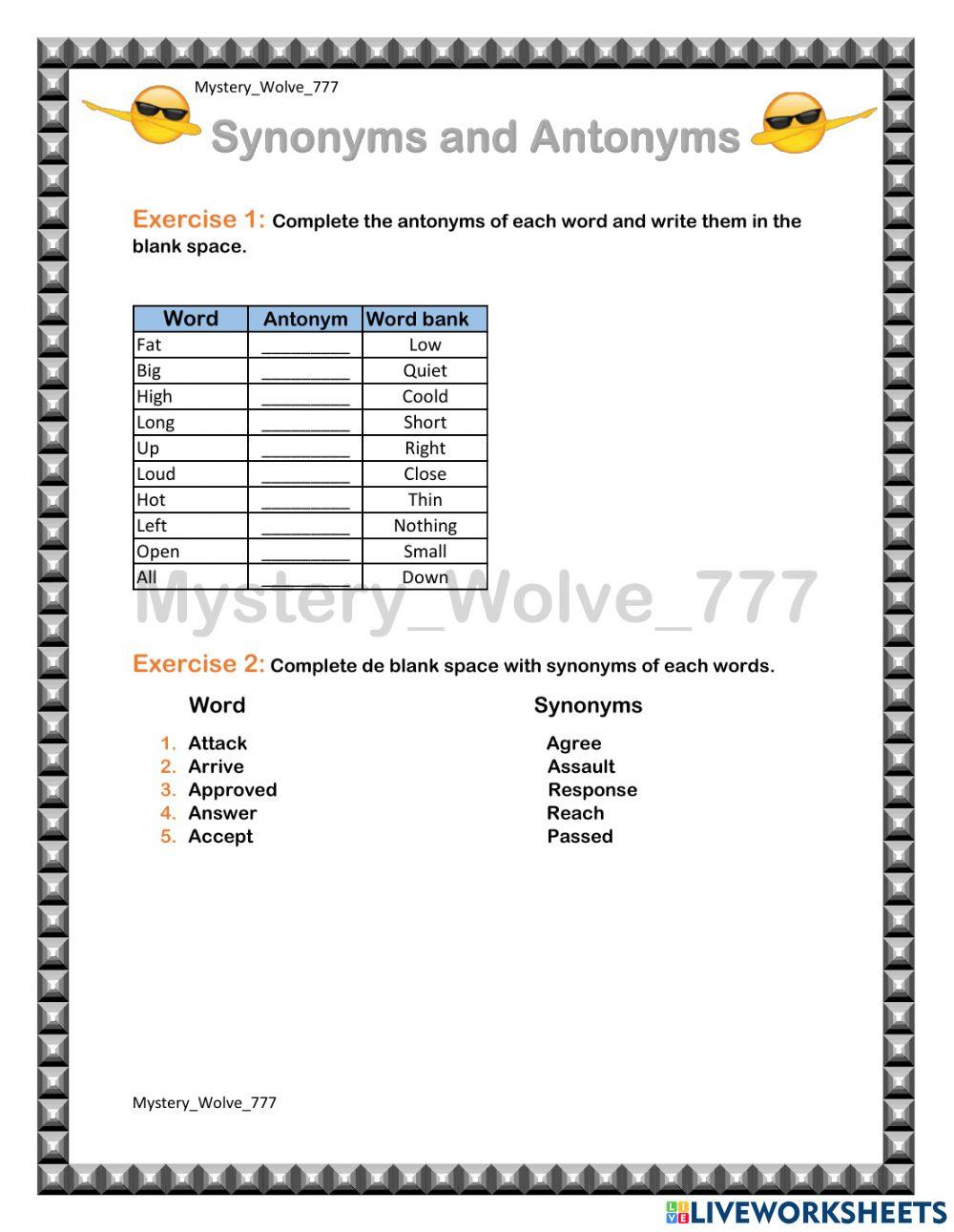 Synonyms And Antonyms 6 Worksheet