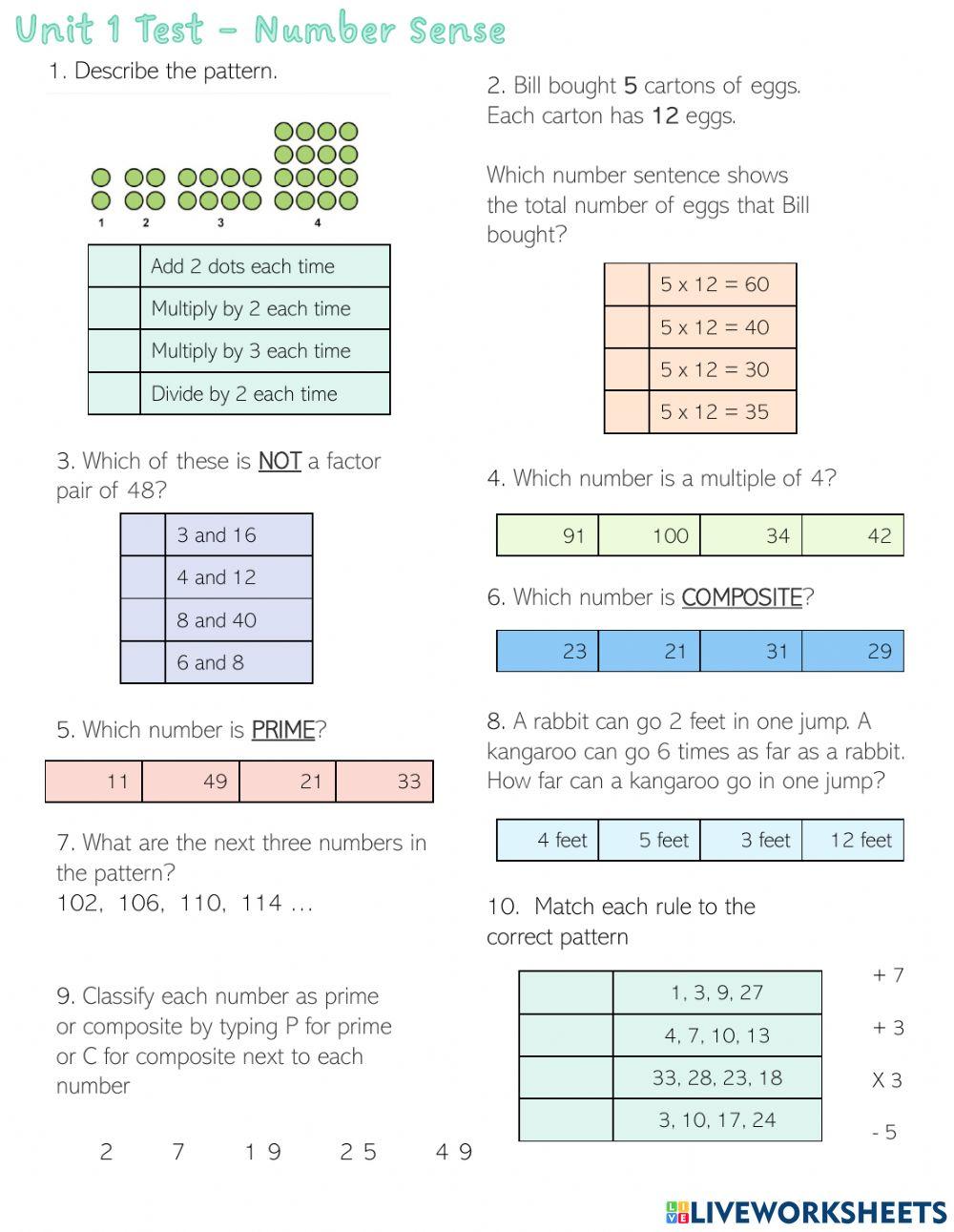 Unit 1 Test - Whole Number Sense worksheet | Live Worksheets