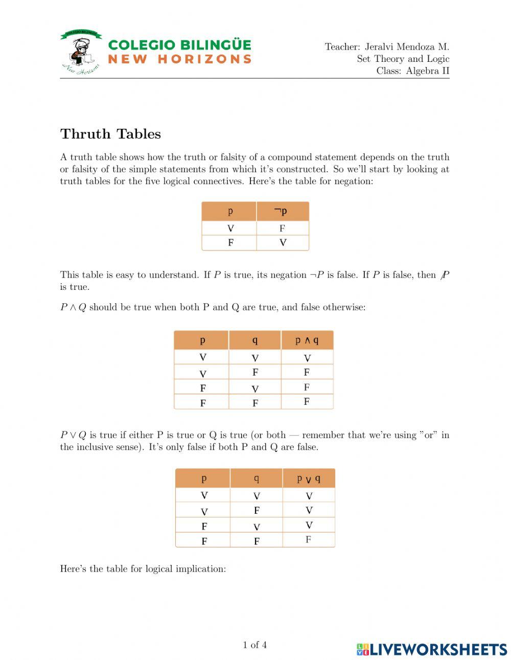 Truth Tables interactive worksheet | Live Worksheets