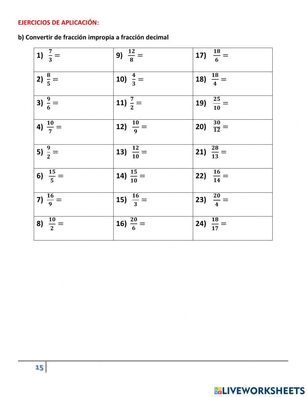 Convertir de Fracción común e impropia a decimal