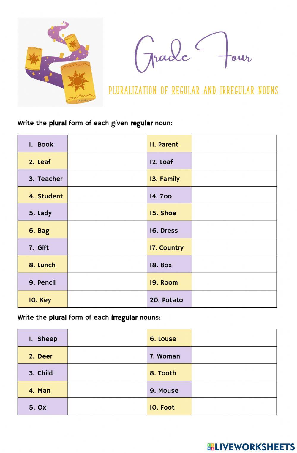 Online Quiz for Grade 4 - Pluralization of Regular and Irregular Nouns
