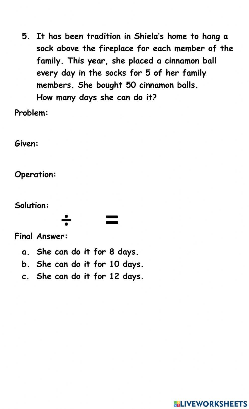 Division Word Problem interactive worksheet | Live Worksheets