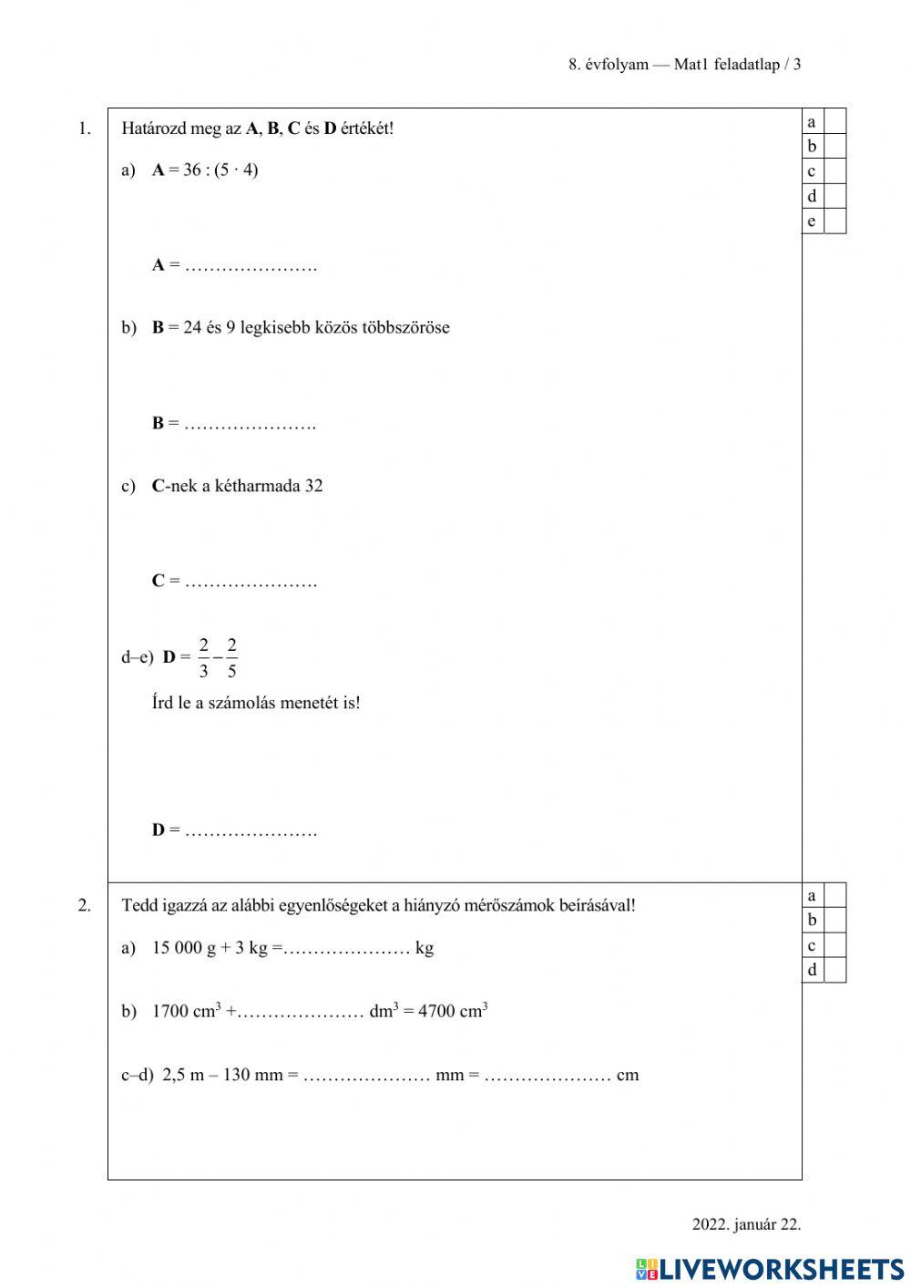Felvételi feladatok 2022