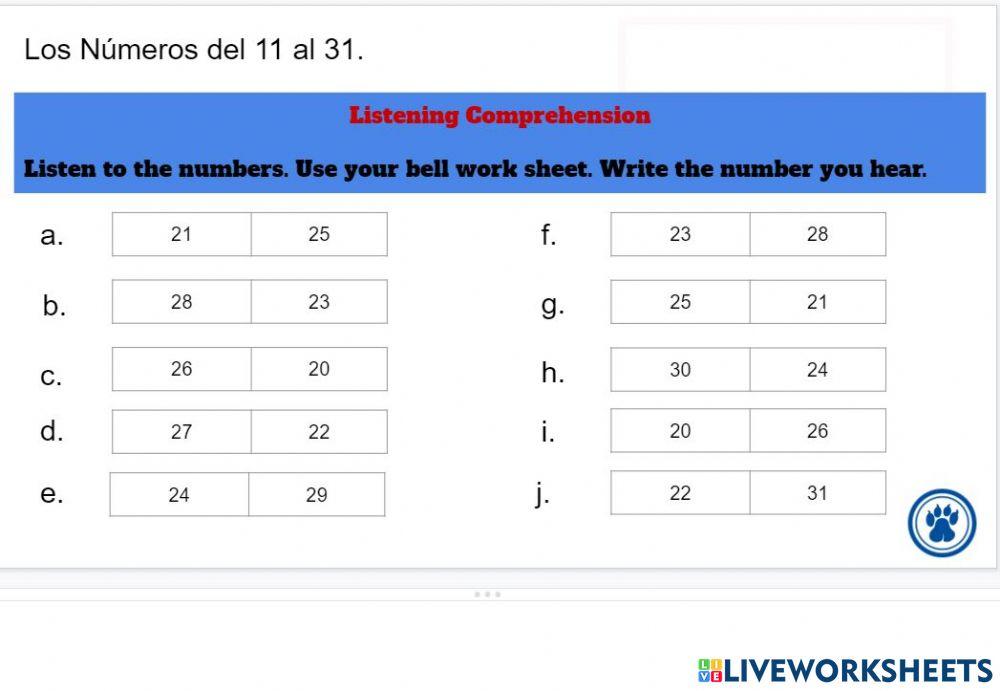 Numbers in Spanish 20-30