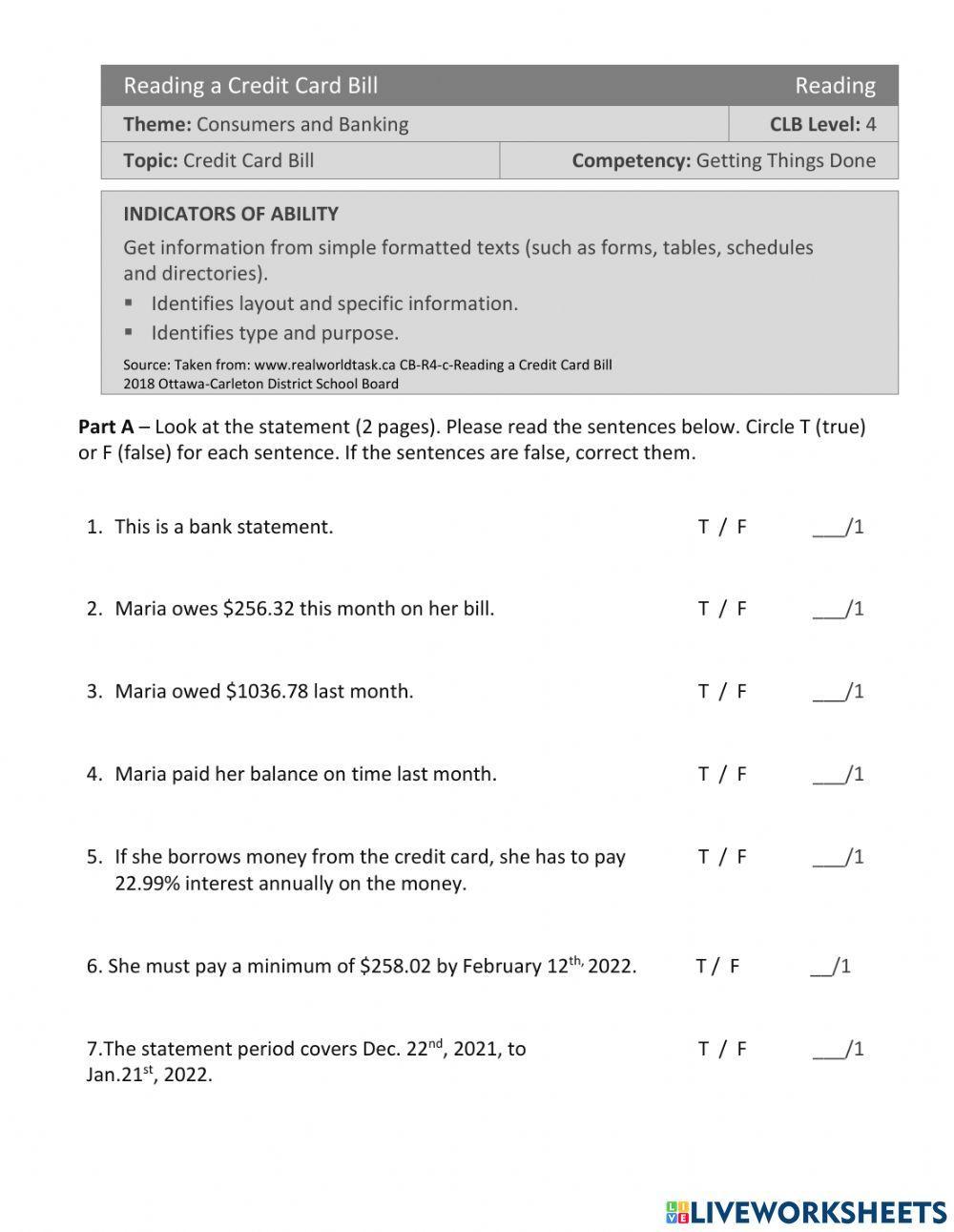 4.3 Reading a Credit Card Statement worksheet | Live Worksheets 4-3-reading-a-credit-card-statement-worksheet-live-worksheets