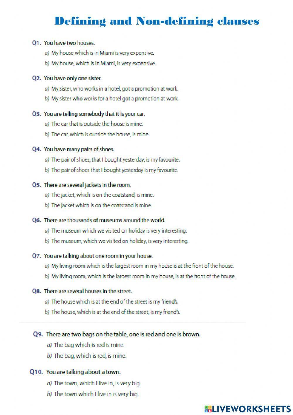 WW3 Unit 7.4 Defining and Non-defining clauses worksheet | Live Worksheets