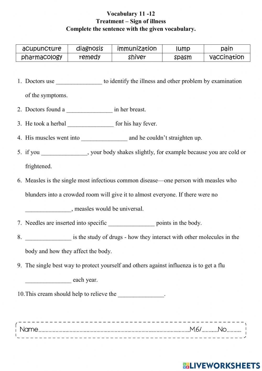 65 1 vocabulary 11 12 treatment sign of illness online exercise for