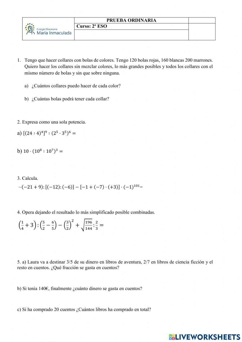 Prueba inicial2º eso matemáticas