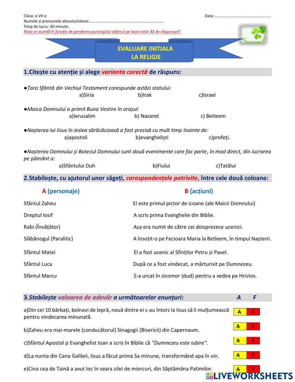 Evaluare initiala Religie cls. a VII-a